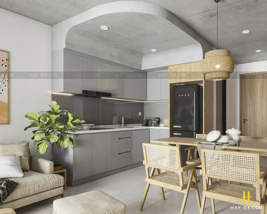 Khu bếp phủ bởi màu xám trung tính hay được sử dụng trong thiết kế nội thất hiện đại.