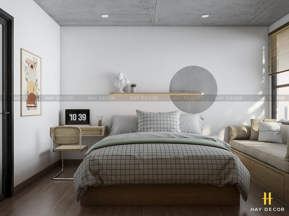 Phòng ngủ thiết kế đơn giản hóa với những nội thất tối giản.