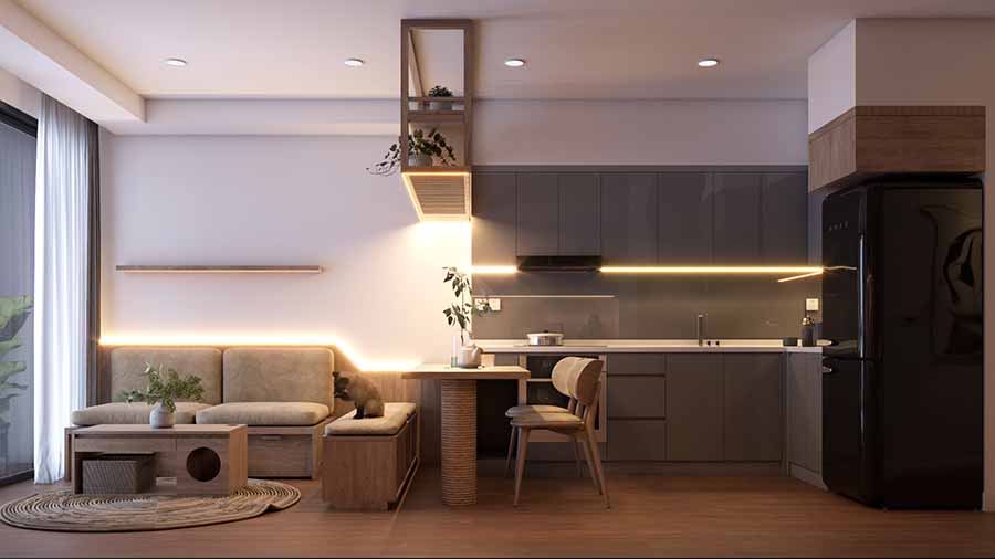 Thiết kế bếp hiện đại thông với phòng khách thoáng mát, tận dụng ánh sáng tự nhiên.