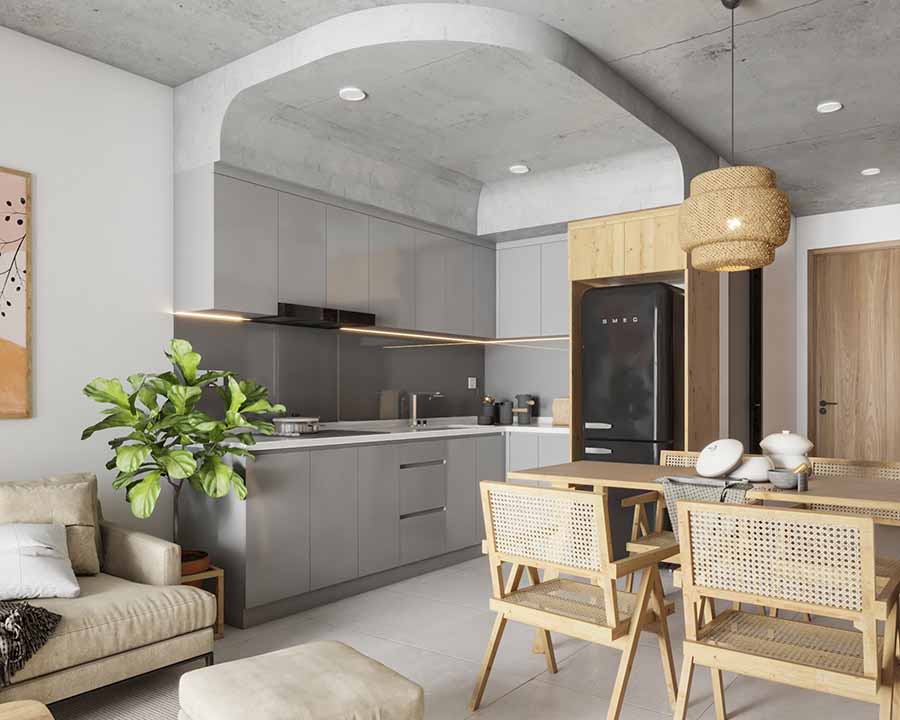 Sử dụng màu xám be sang trọng cho toàn khu bếp thêm chiều sâu.
