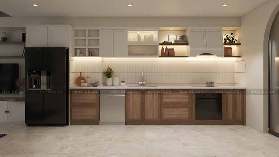 Thiết kế bếp mở thoải mái, sử dụng nội thất gỗ làm điểm nhấn ấm cúng.