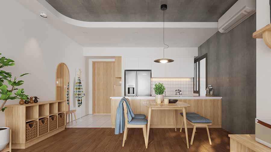 Sử dụng màu trung tính xám, trắng và màu gỗ tự nhiên trong thiết kế bếp hiện đại
