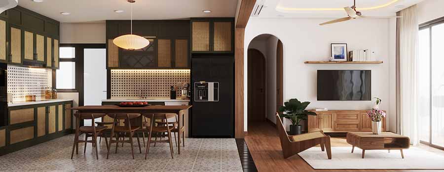 Thiết kế bếp chữ L kết hợp dùng nội thất độc đáo, tạo điểm nhấn riêng cho bếp.
