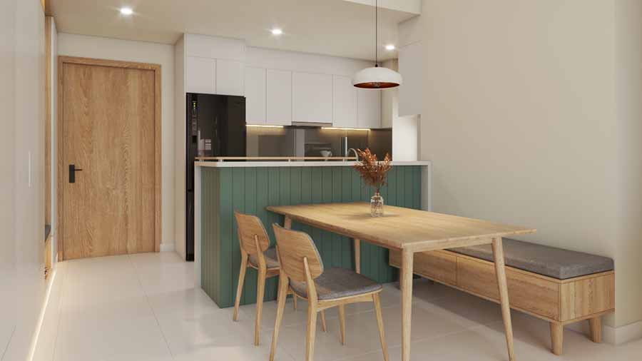 Thiết kế bếp hiện đại có quầy bar giữa khu vực bàn ăn và khu nấu ăn tiện lợi. 