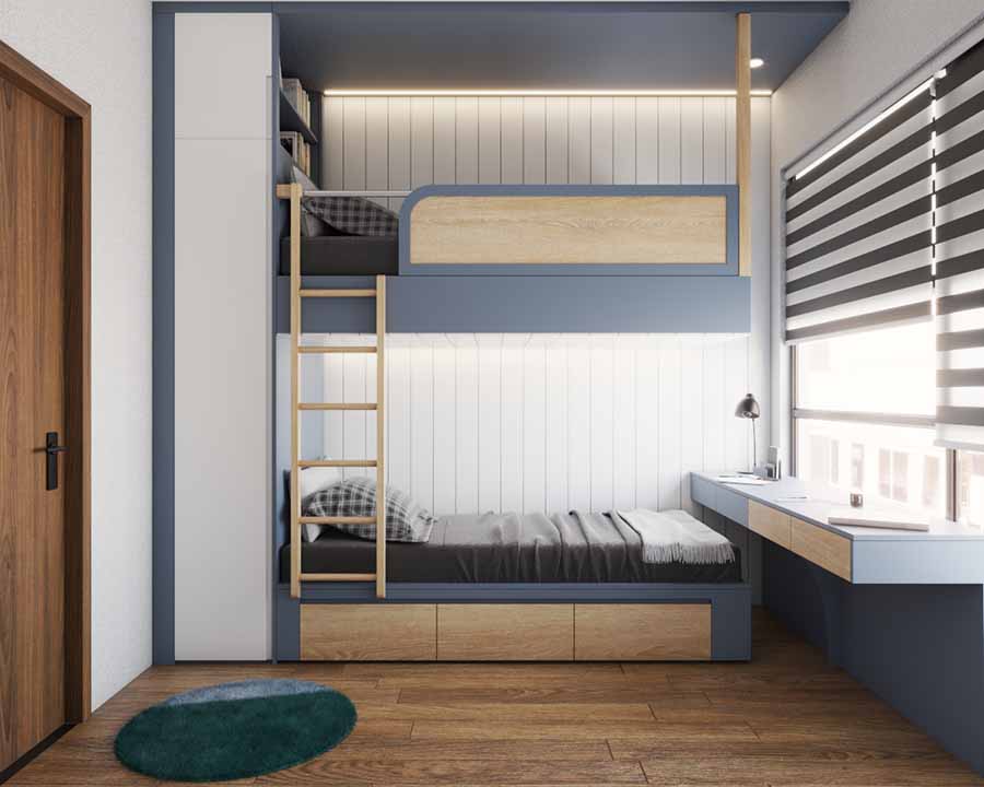 Sử dụng giường tầng tiết kiệm diện tích cho gia đình có 2 bé. 